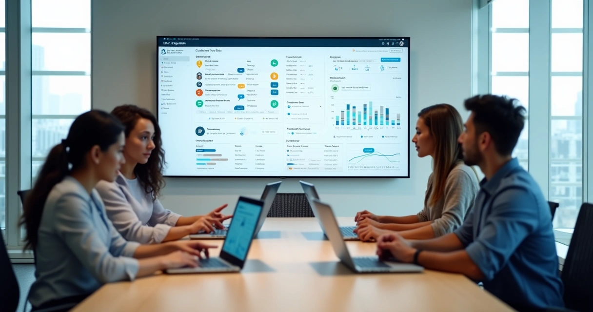 Equipe analisando painel de sistema de atendimento ao cliente B2B em tela grande