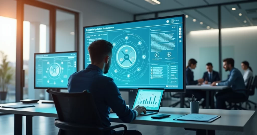 Tela com fluxo integrado entre compras estoque financeiro e fornecedores em empresa B2B