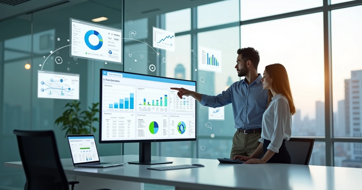 Painel de software de gestão empresarial com dados integrados em ambiente corporativo moderno
