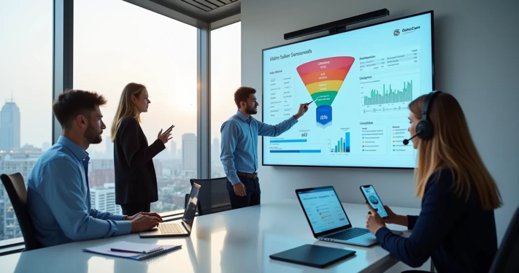 Equipe SDR analisando funil de vendas B2B em painel digital