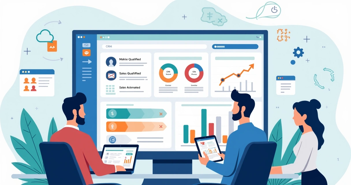 Equipe de vendas analisando painel de CRM com automação e IA em ambiente corporativo