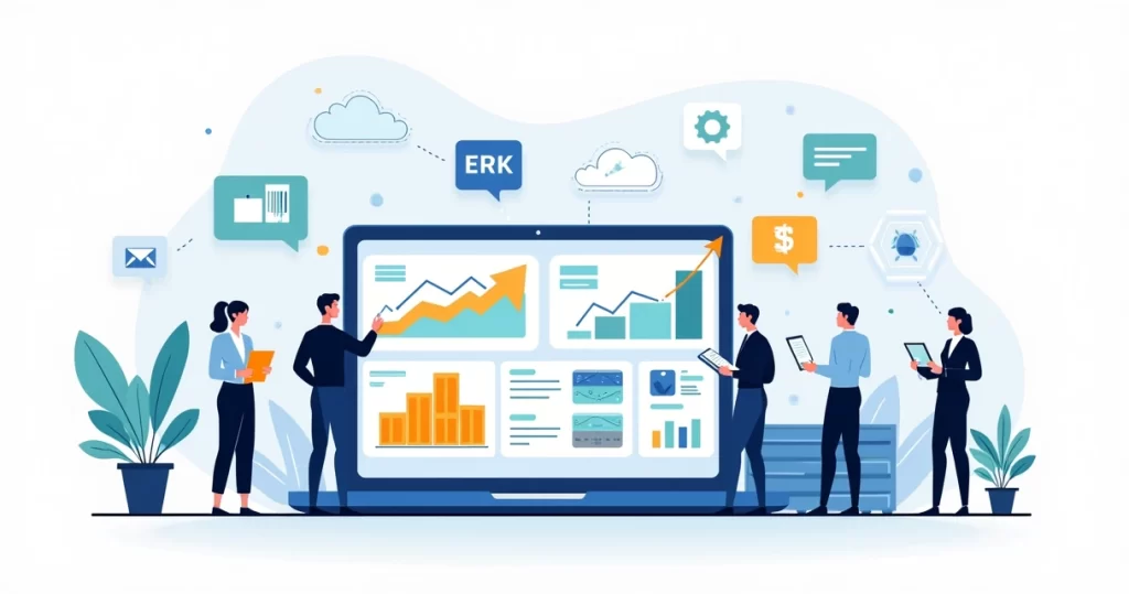 Painel de ERP integrando CRM, financeiro, estoque e suporte ao cliente