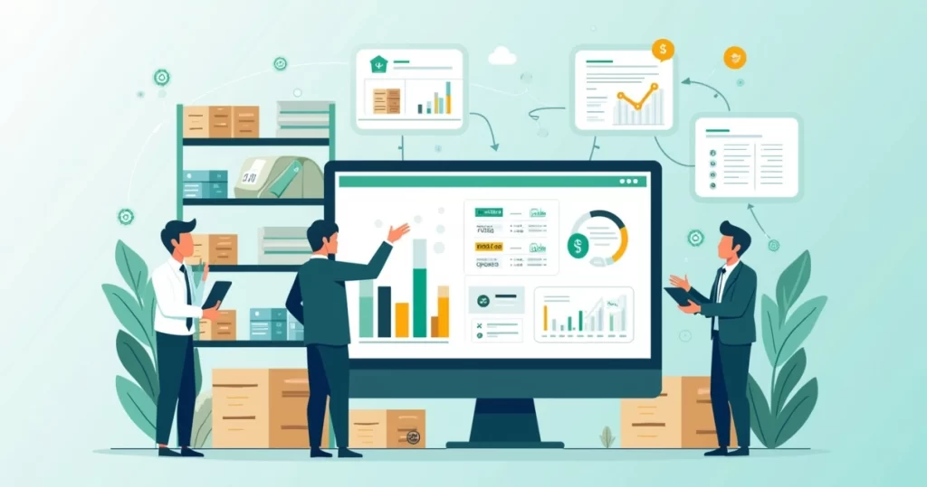 Ilustração de painel ERP integrando estoque, finanças e compras