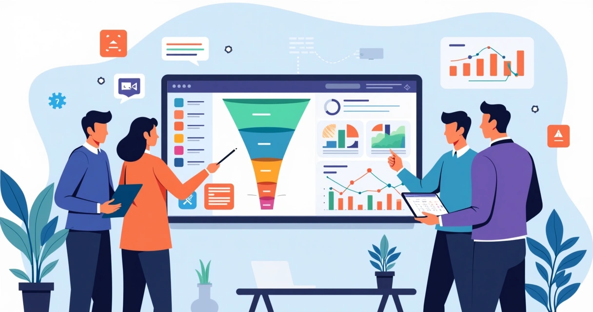 Dashboard de CRM com equipe de vendas B2B analisando funil e metas