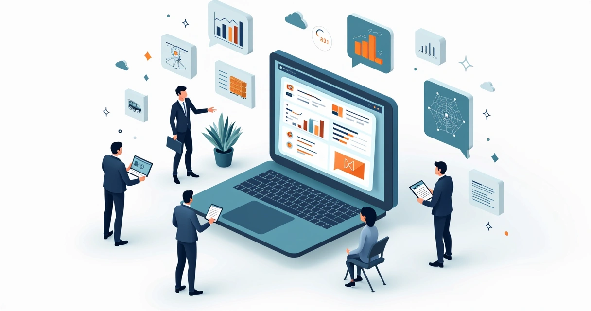 Ilustração de dashboard de CRM integrando vendas estoque e financeiro em uma empresa B2B