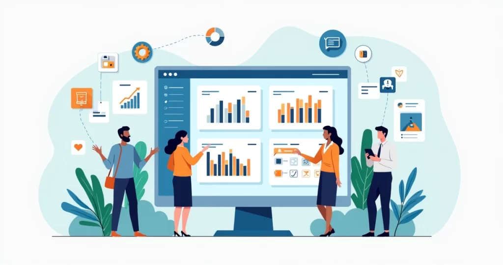 Dashboard de CRM integrando vendas estoque financeiro e projetos em ilustração corporativa