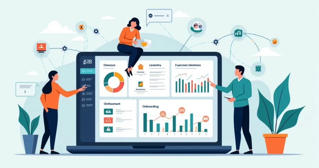 Painel de customer success com indicadores de saúde de clientes B2B