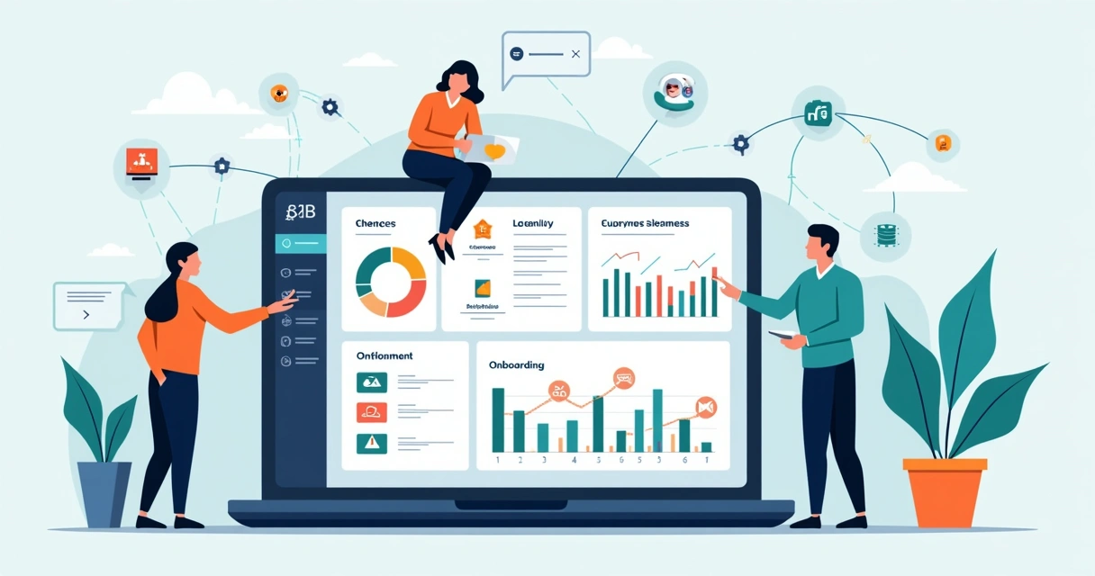 Painel de customer success com indicadores de saúde de clientes B2B