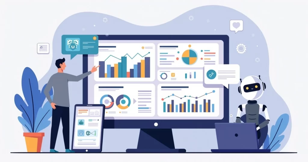Ilustração de dashboard de ERP com inteligência artificial em ambiente corporativo B2B