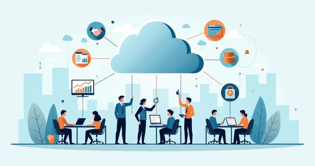 Ilustração de ERP na nuvem integrando áreas de uma empresa B2B