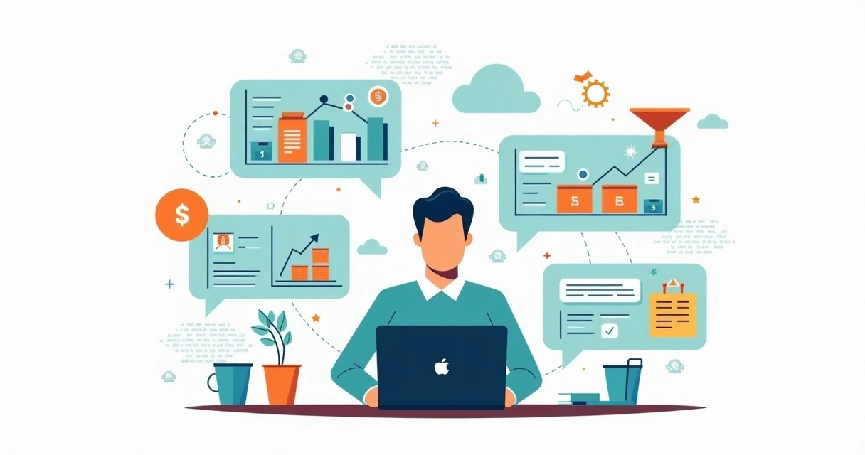 Ilustração de pequeno empresário usando sistema ERP integrado em vários setores