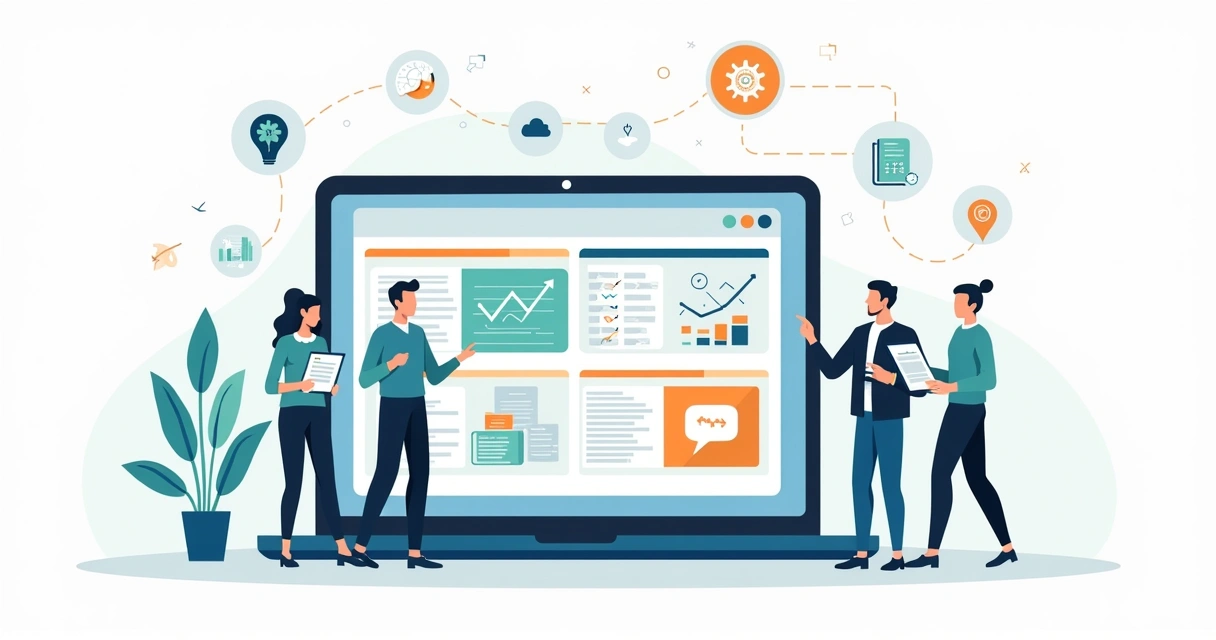 Equipe gerencial analisando painel de ERP com módulos integrados de serviços