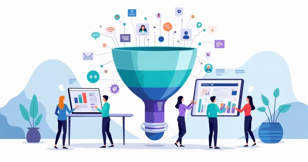 Ilustração de funil de vendas B2B com equipes de marketing, vendas e pós-venda integradas em painel de CRM