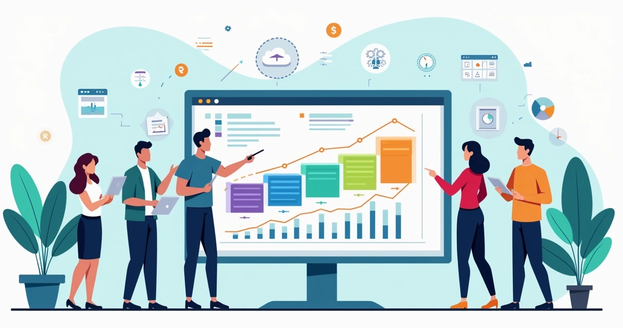 Ilustração de pipeline de vendas B2B com etapas organizadas e gráficos de previsibilidade de receita