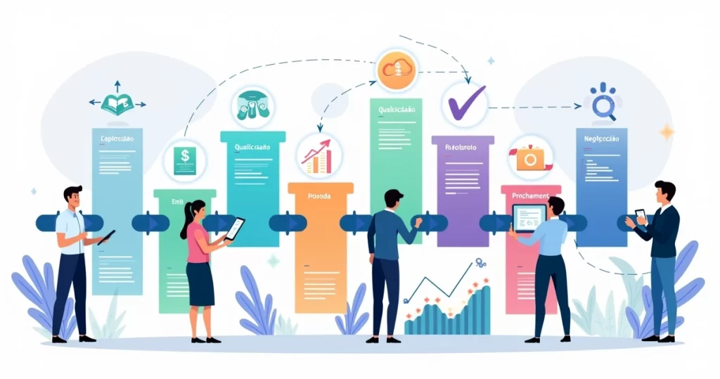 Ilustração de pipeline de vendas B2B em um CRM com etapas em sequência e equipe analisando dados