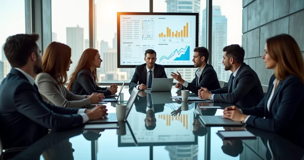 Reunião de negócios com profissionais discutindo estratégias em ambiente corporativo moderno