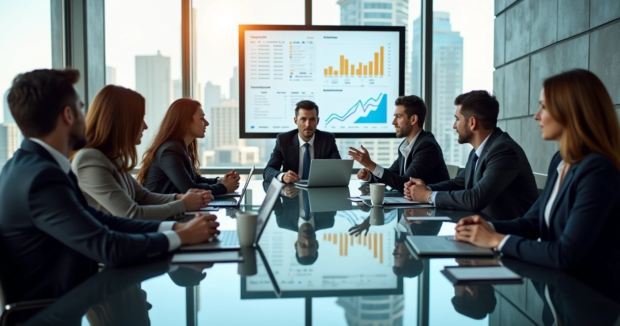 Reunião de negócios com profissionais discutindo estratégias em ambiente corporativo moderno
