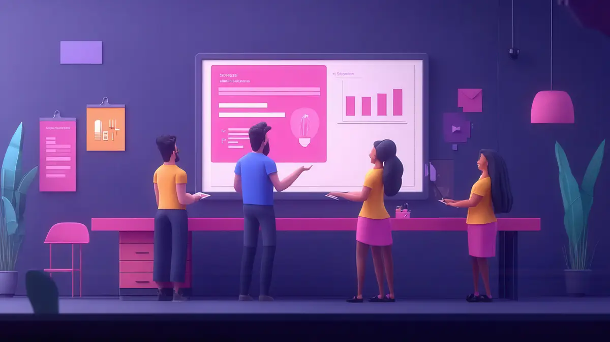 A vibrant team meeting taking place in a modern office showcasing collaboration with digital visuals and colorful design elements