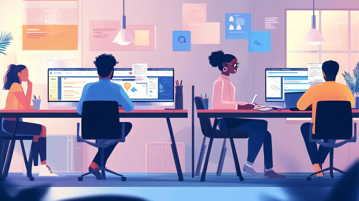 Four people working on computers in a modern office