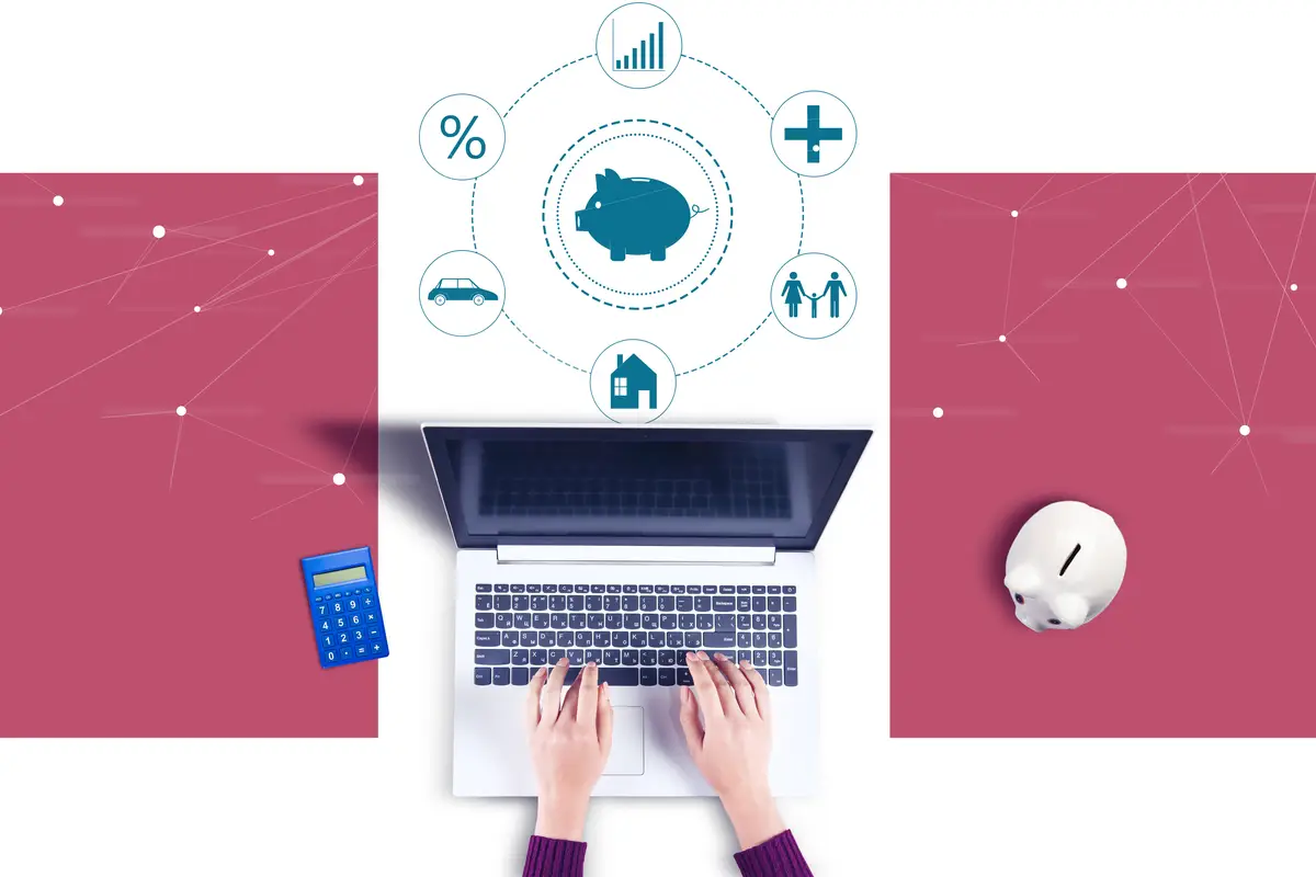 Business woman working in computer and savings icon