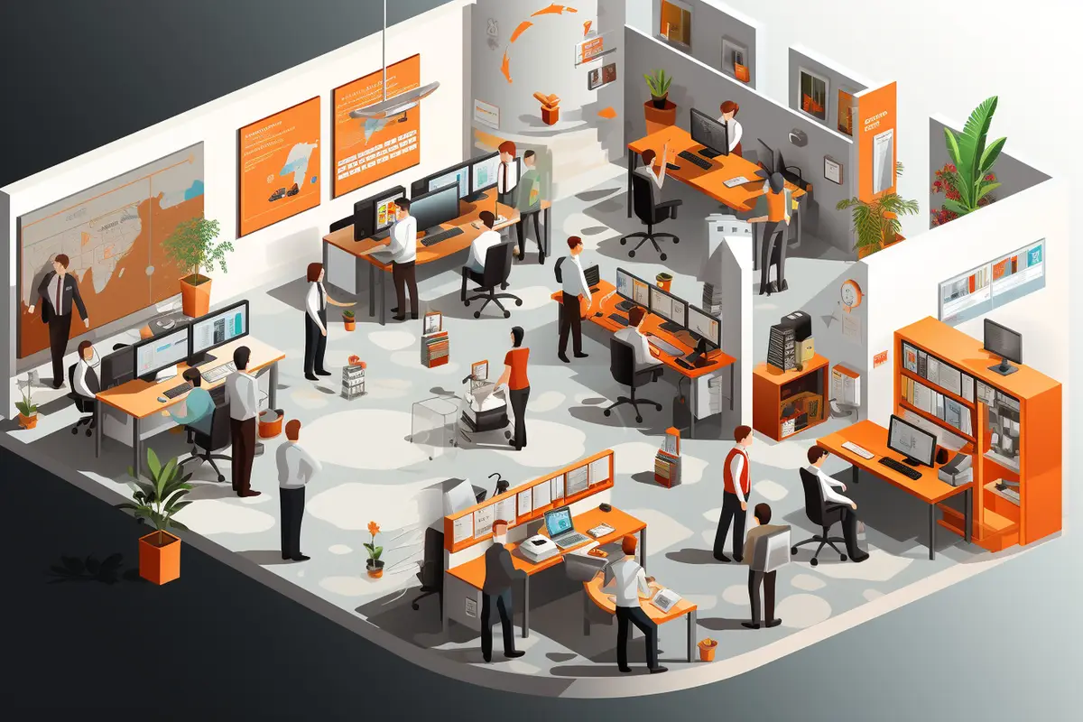 Isometric office worker desk manager computer workplace