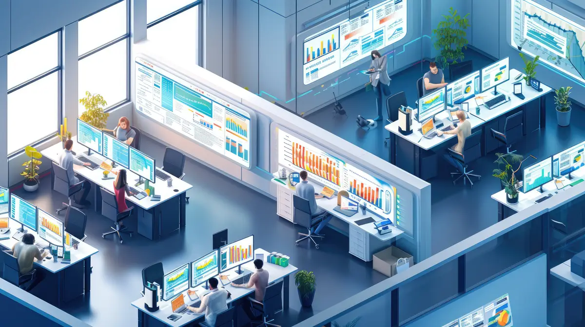 Diverse business people work on laptop while looking at desktop screen aig