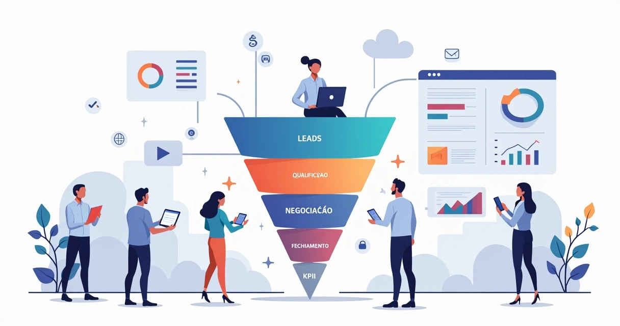 Ilustração de funil de vendas conectado a um CRM em ambiente corporativo B2B