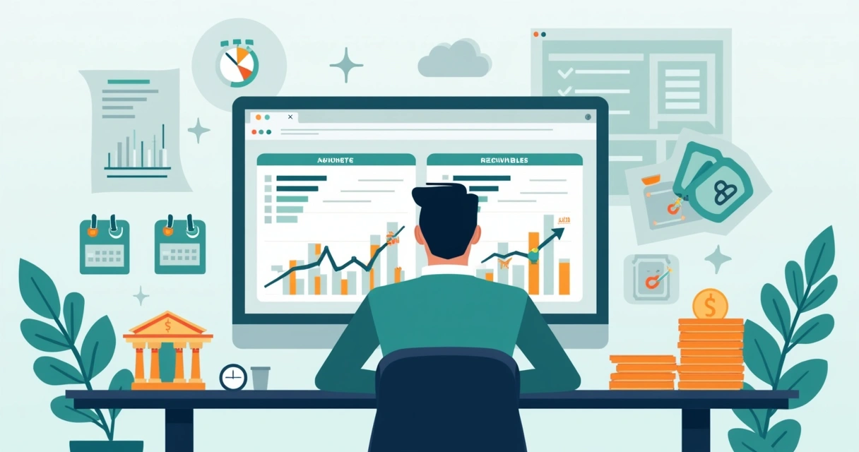 Ilustração de gestor analisando painel de contas a pagar e receber em empresa B2B