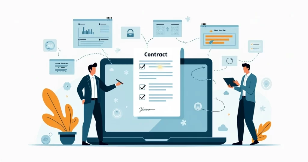 Ilustração de profissionais analisando contratos digitais em uma tela com ícones de CRM e ERP