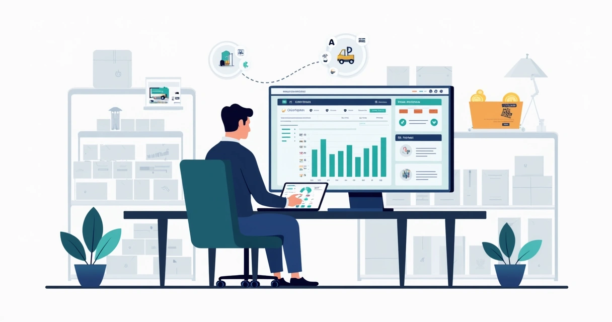 Gestor analisando no computador o fluxo integrado de compras e estoque