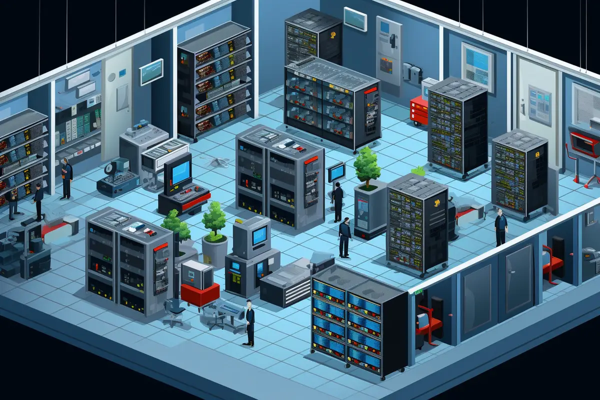 Network and data servers behind glass panels in a server room of a data center or isp d renderin