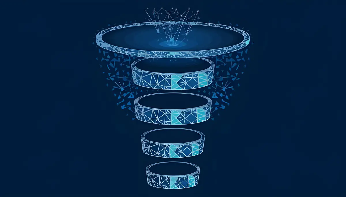 Digital Social Media Sales Funnel in blue technological polygons on dark background