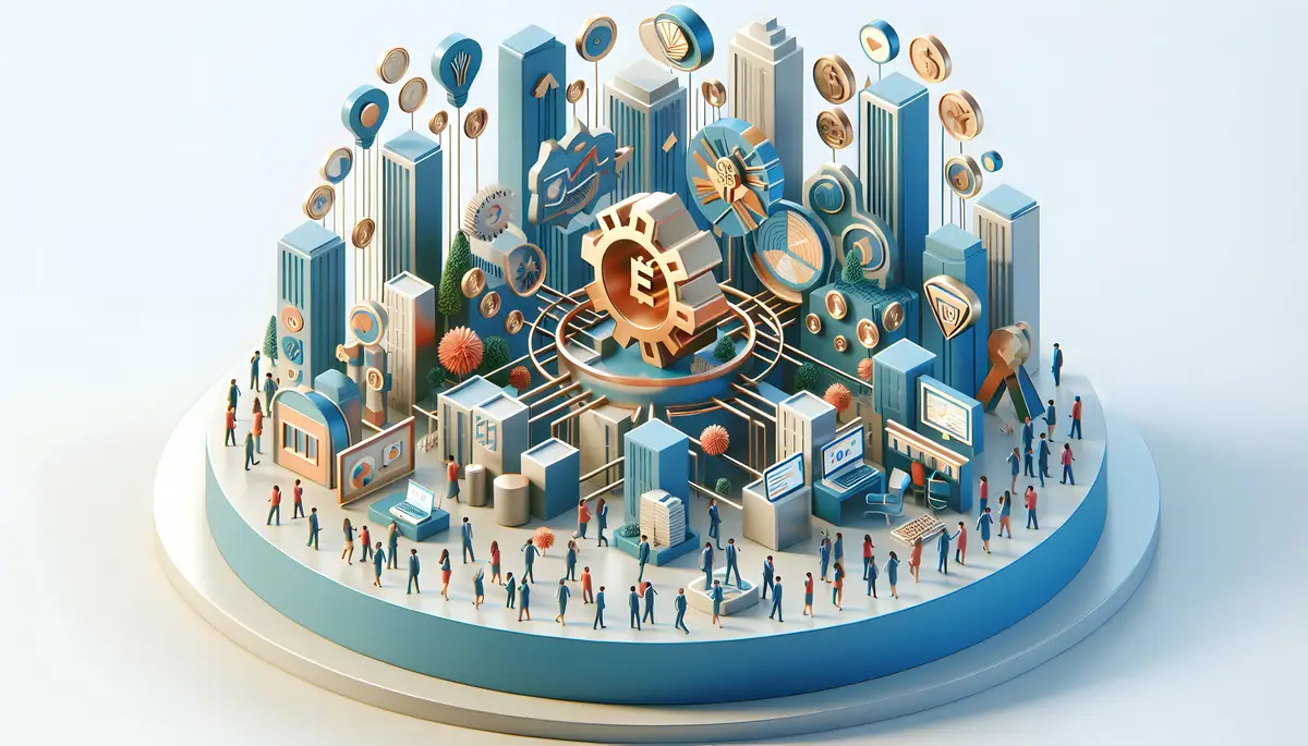 3d flat icon as Ecosystem of Excellence An ad with an ecosystem of business units working together t