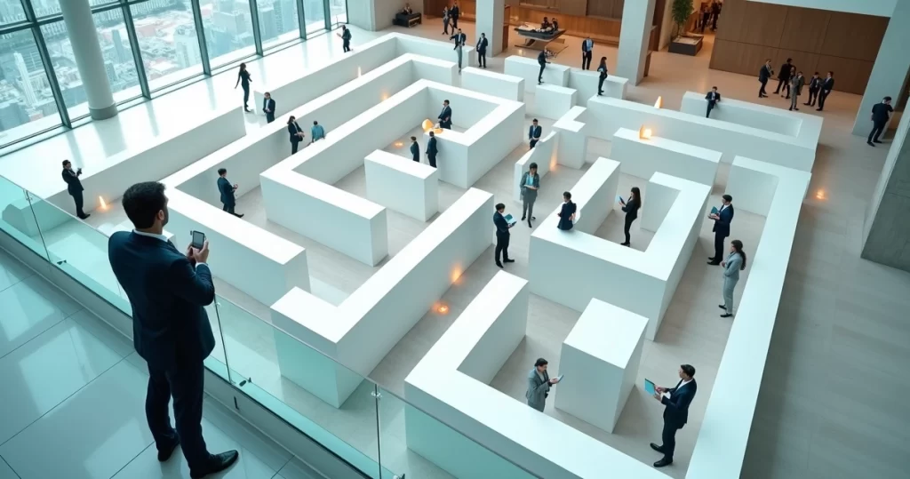 Executivo olhando de cima um labirinto em forma de letras CRM no chão