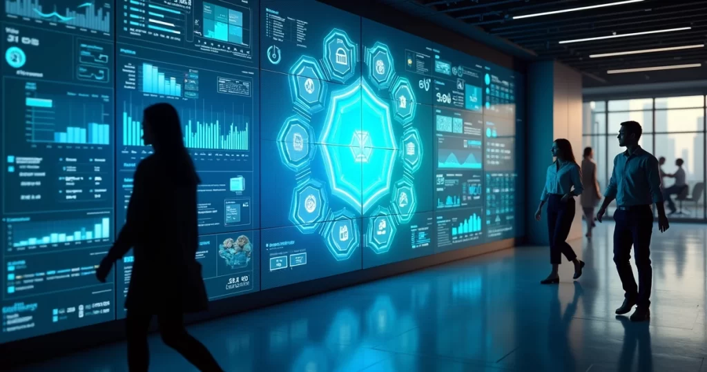 Painel com dashboards integrando dados de ERP e CRM em ambiente corporativo moderno