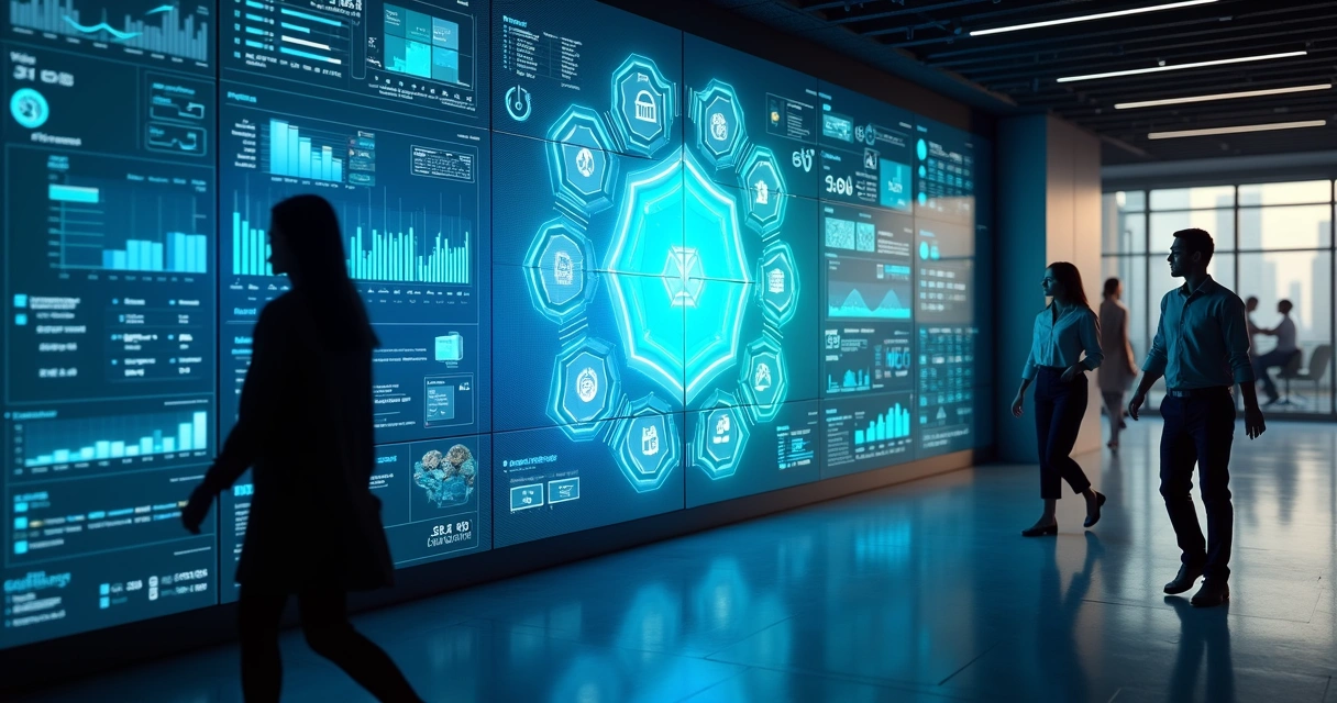 Painel com dashboards integrando dados de ERP e CRM em ambiente corporativo moderno