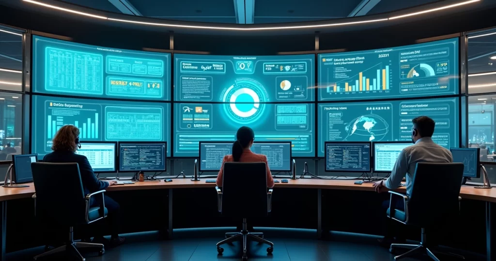 Equipe de atendimento analisando dados integrados em sala moderna de controle
