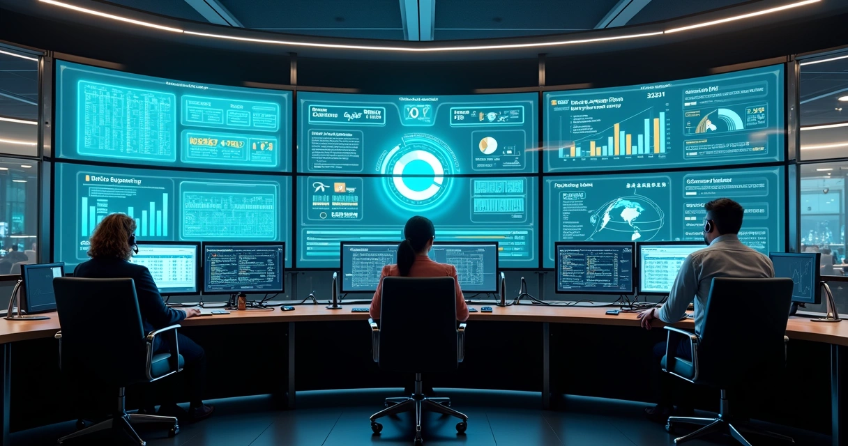 Equipe de atendimento analisando dados integrados em sala moderna de controle