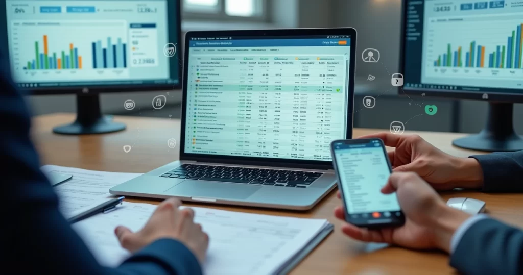 Telas de ERP alinhadas com extrato bancário em mesa de trabalho empresarial