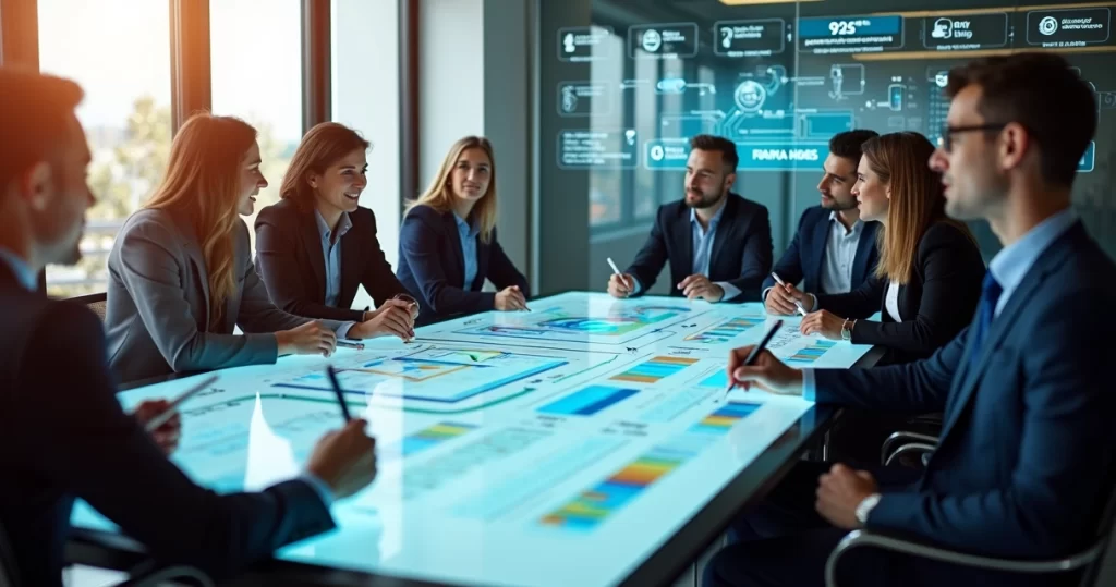 Equipe de vendas B2B analisando painel de CRM em reunião consultiva