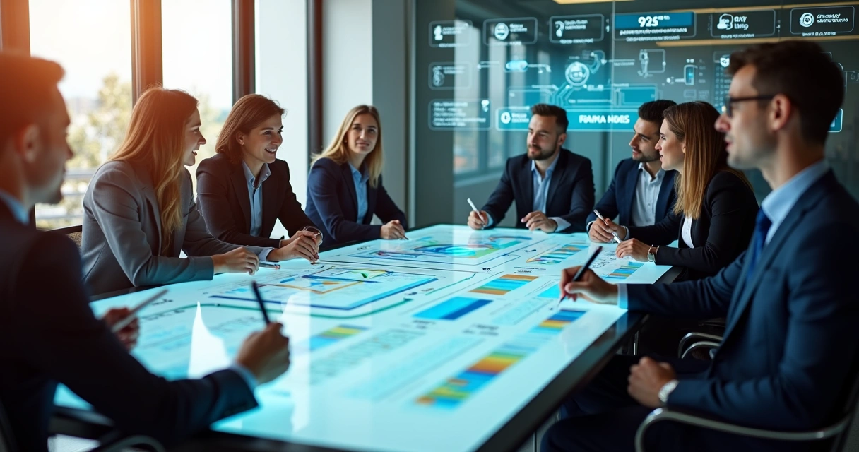 Equipe de vendas B2B analisando painel de CRM em reunião consultiva