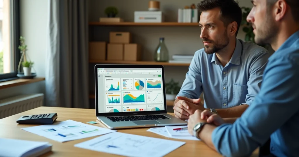 Sócios de pequena empresa analisando opções de ERP em notebook em ambiente simples de escritório