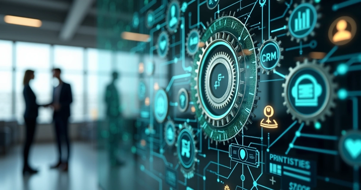 Engrenagens metálicas integradas a ícones digitais representando automatização de processos B2B