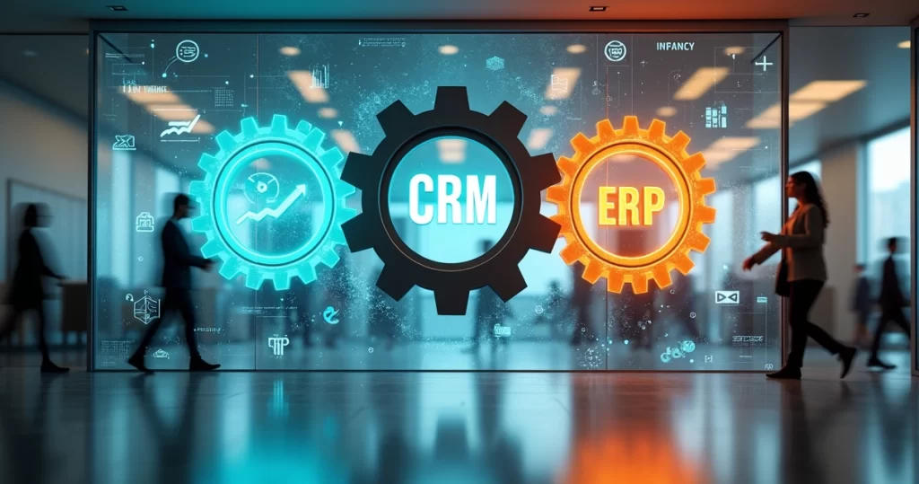 Engrenagens coloridas formando CRM ERP e finanças integrados