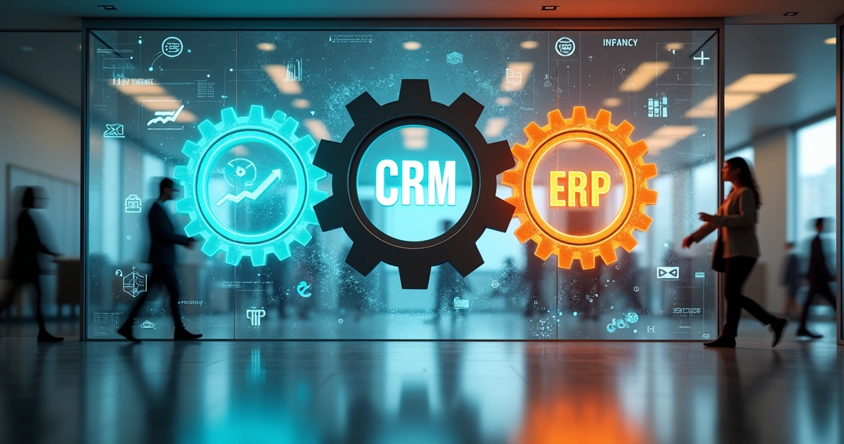 Engrenagens coloridas formando CRM ERP e finanças integrados