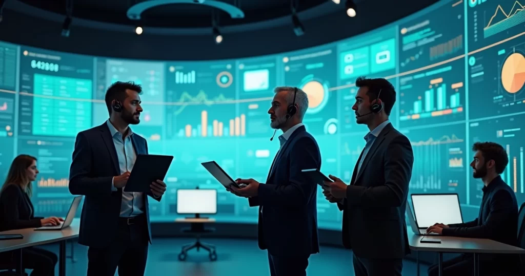 Equipe de suporte B2B em frente a mapa de telas digitais conectadas