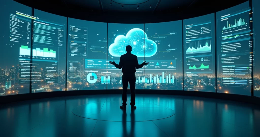 Gestor B2B observando painel 360 de gestão empresarial online com dados integrados