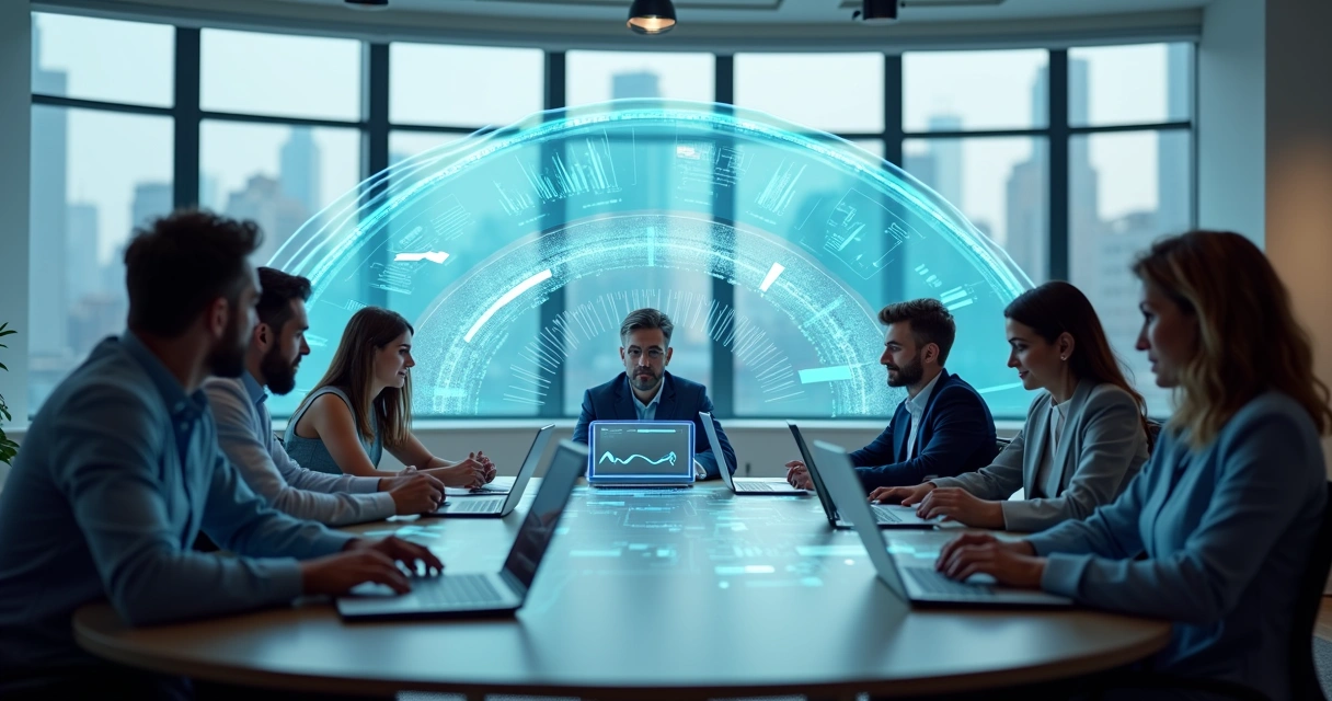 Equipe B2B em mesa redonda acompanhando gestões de vendas, financeiro e projetos num painel único