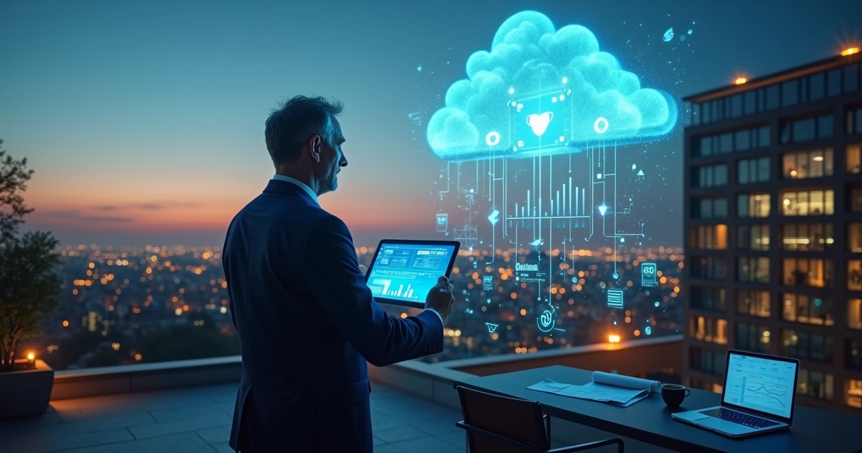 Gestor analisando ERP na nuvem em tablet com prédios empresariais conectados