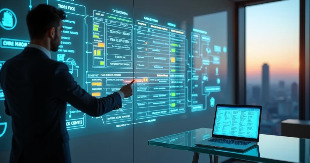 Profissional ajustando regras fiscais específicas em painel digital de ERP